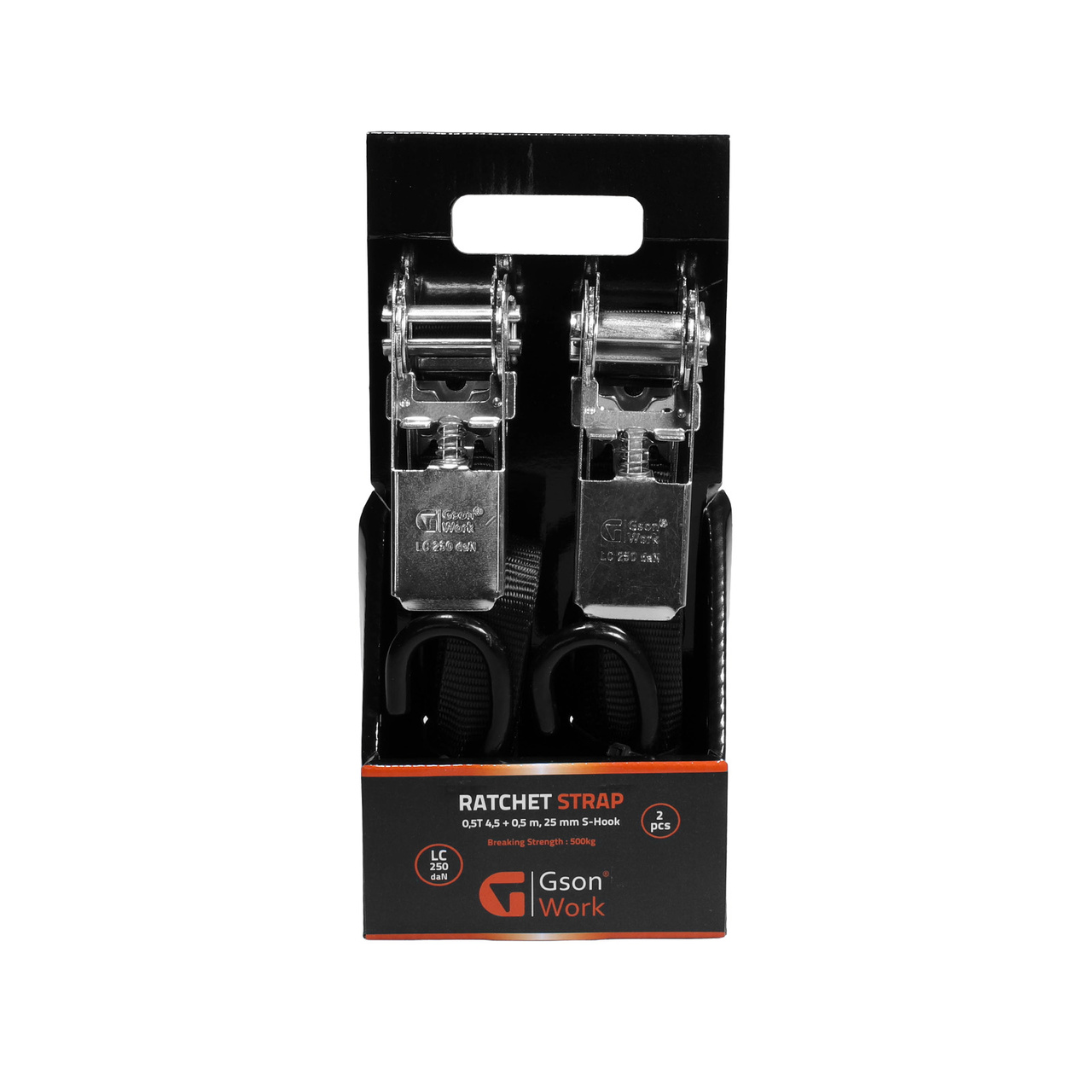 Ratchet Strap Black Color 0,5T 4,5 + 0,5 m, 25 mm S-Hook 2 pcs